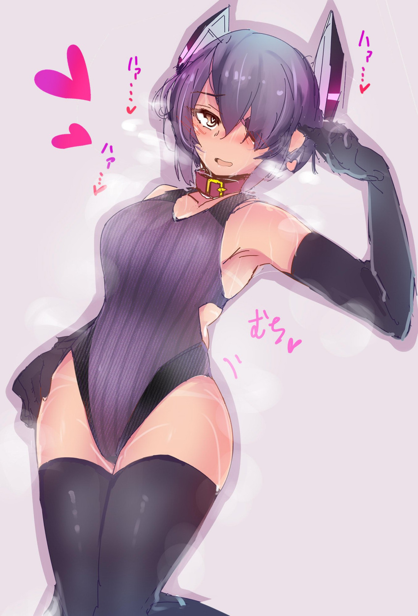 akitsuchi_shien black_gloves black_legwear breasts breath collar competition_swimsuit cowboy_shot dog_collar elbow_gloves eyepatch gloves grey_background hair_over_one_eye headgear heart heavy_breathing highres kantai_collection large_breasts looking_at_viewer one-piece_swimsuit purple_hair purple_swimsuit short_hair simple_background solo standing striped striped_swimsuit swimsuit tenryuu_(kantai_collection) thighhighs yellow_eyes