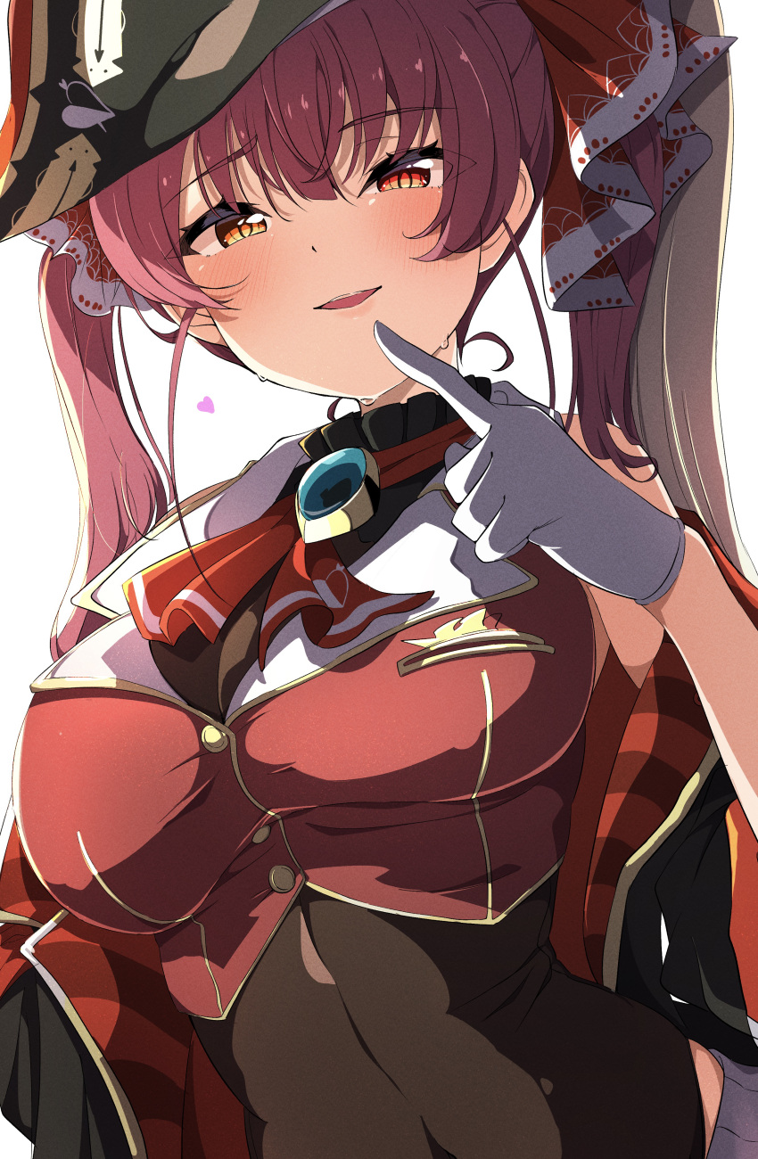 1girl absurdres arrow_through_heart ascot black_choker black_coat black_headwear blush breasts choker coat cropped_jacket frilled_choker frills gloves hair_ribbon hat heterochromia highres hololive houshou_marine houshou_marine_(1st_costume) jacket large_breasts leotard leotard_under_clothes long_hair looking_at_viewer open_mouth pirate_hat red_ascot red_coat red_eyes red_hair red_jacket red_ribbon ribbon sleeveless sleeveless_jacket smile solo twintails two-sided_coat two-sided_fabric virtual_youtuber white_background white_gloves yellow_eyes yunon_oto_mad