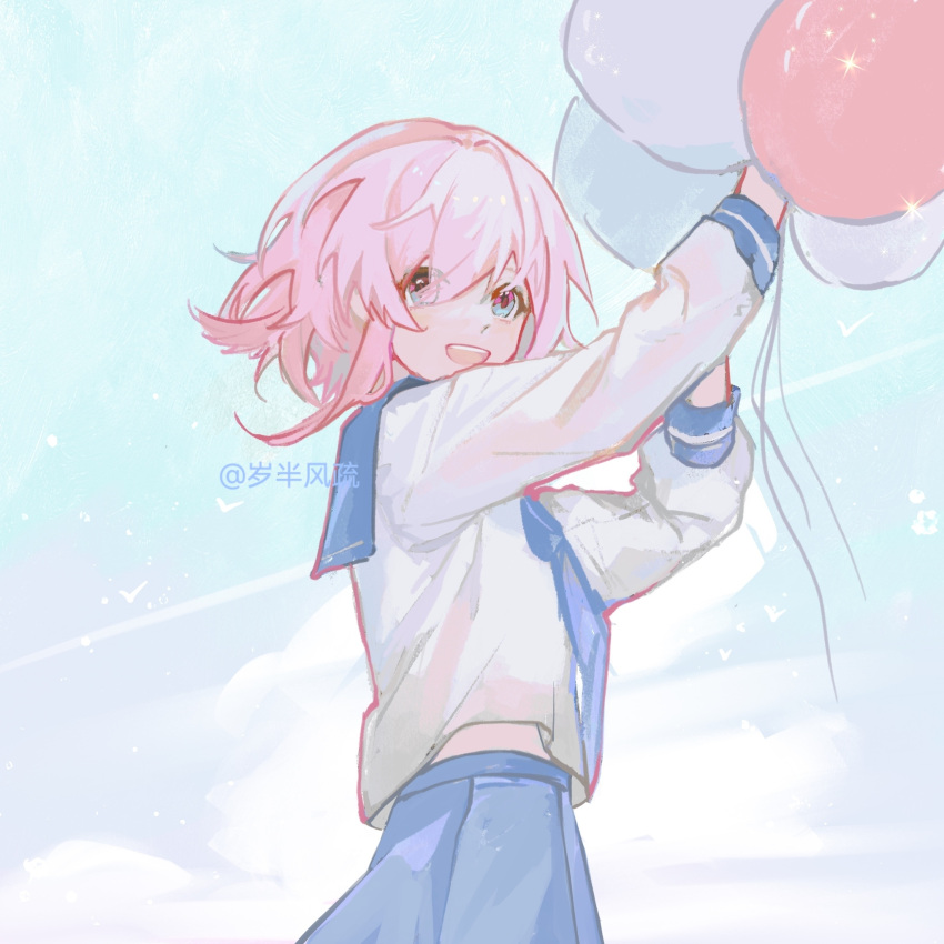 1girl alternate_costume artist_name balloon blue_eyes blue_neckerchief blue_skirt blue_sky chinese_text commentary from_side highres honkai:_star_rail honkai_(series) march_7th_(honkai:_star_rail) medium_hair midriff_peek neckerchief open_mouth pink_eyes pink_hair school_uniform shanxiban shirt skirt sky smile solo symbol-only_commentary teeth two-tone_eyes upper_teeth_only white_shirt