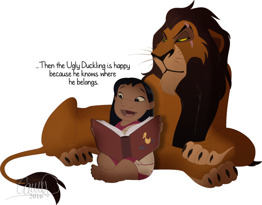 2016 5_toes alpha_channel barefoot black_hair book brown_eyes camii97 claws clothed clothing crossover dialogue digital_media_(artwork) disney duo english_text felid feral green_eyes hair hi_res holding_book holding_object human lilo_and_stitch lilo_pelekai lion long_hair mammal muumuu open_mouth open_smile pantherine reading scar scar_(the_lion_king) signature simple_background smile text the_lion_king the_ugly_duckling toes transparent_background yellow_sclera young