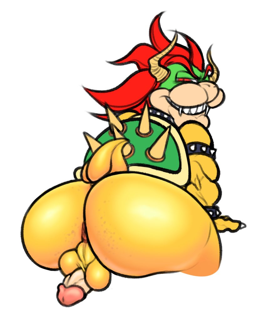 anal balls big_balls big_butt big_penis bowser butt eccentricspider lizard looking_at_viewer male mario_bros nintendo penis red_eyes reptile scalie simple_background solo video_games white_background