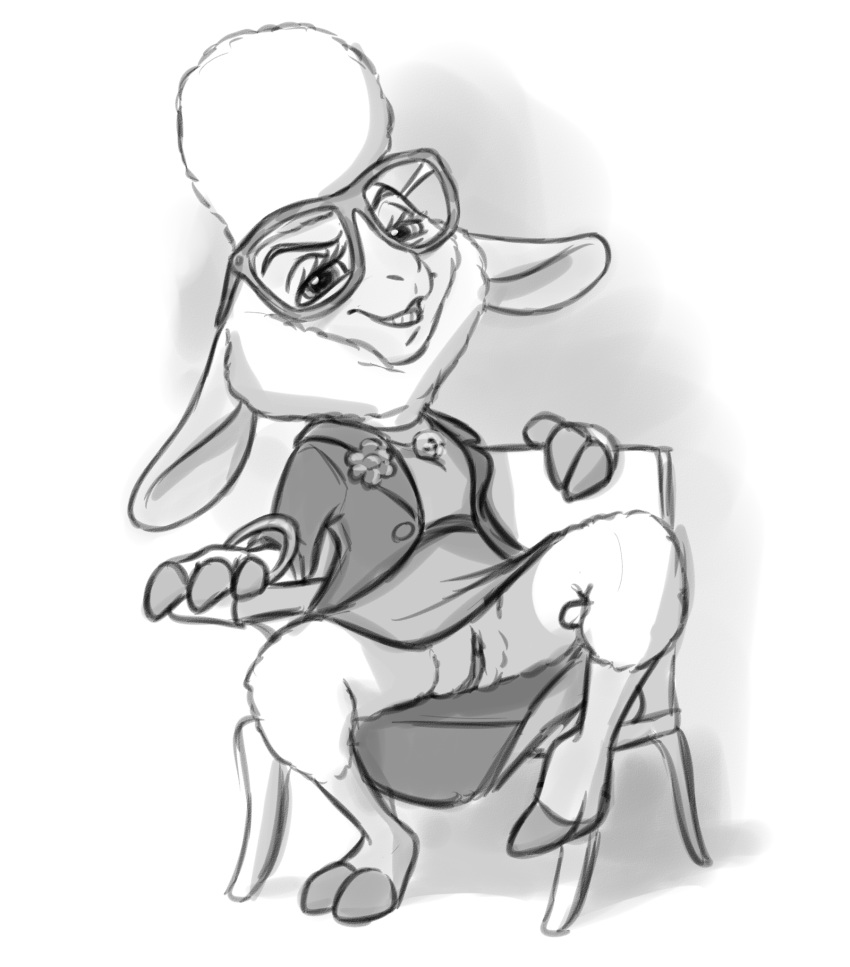 2018 anthro bottomless breasts caprine chair clitoris clothed clothing cloven_hooves dawn_bellwether disney eyewear female fluffy glasses hooves looking_at_viewer mammal monochrome partially_clothed presenting presenting_pussy prostitution pussy sheep simple_background sitting sketch smile smug solo spread_legs spreading the_giant_hamster upskirt white_background wool zootopia