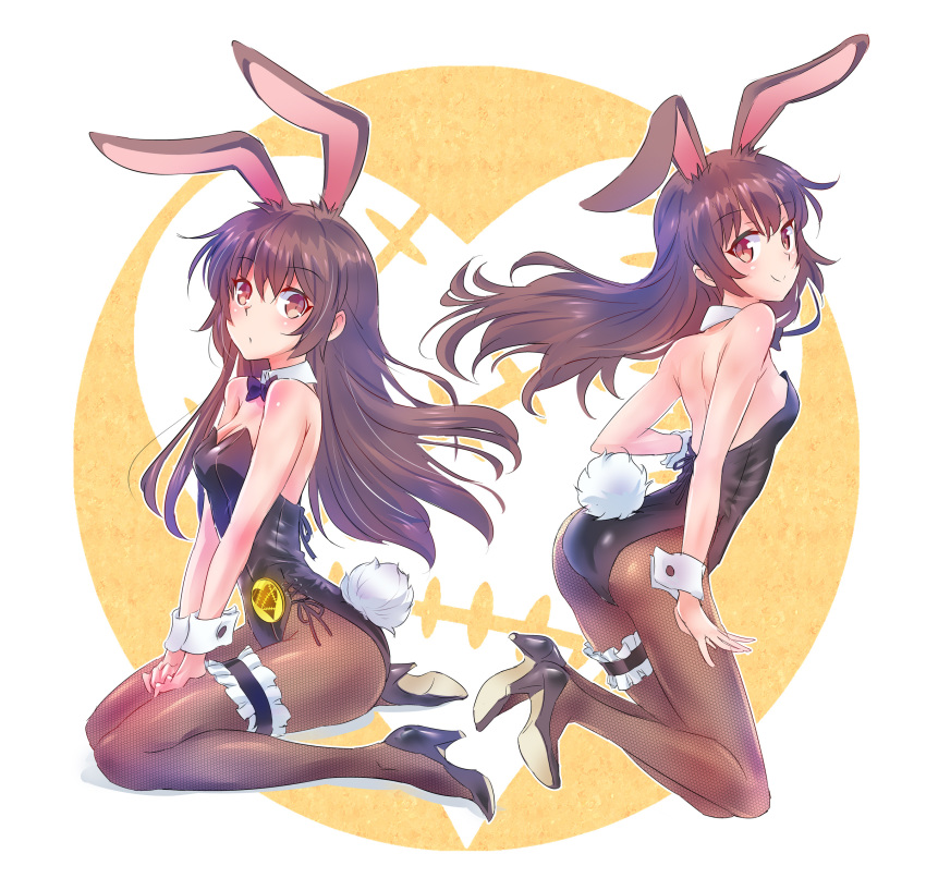 animal_ears ass badge bare_shoulders black_leotard bow bowtie breasts brown_eyes brown_hair brown_legwear bunny_ears bunny_girl bunny_tail bunnysuit button_badge cleavage commentary_request dual_persona extra_ears eyebrows_visible_through_hair fishnet_pantyhose fishnets from_side full_body high_heels highres iesupa leaning_forward leg_garter leotard long_hair medium_breasts multiple_girls pantyhose pumps rwby sitting smile tail velvet_scarlatina wariza wrist_cuffs