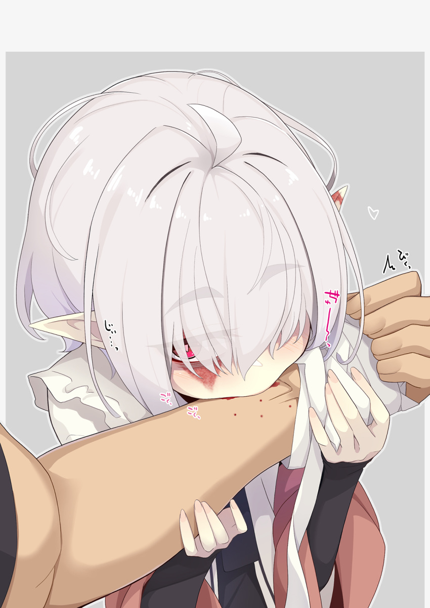 1boy 1girl ^^^ abelia_(ogami_kazuki) bandaged_hand bandages black_dress blood blood_sucking burn_scar dress grey_background grey_hair hair_over_one_eye hands_up heart highres long_sleeves looking_to_the_side ogami_kazuki original pointy_ears red_eyes scar sleeves_past_wrists thick_eyebrows translation_request vampire white_dress