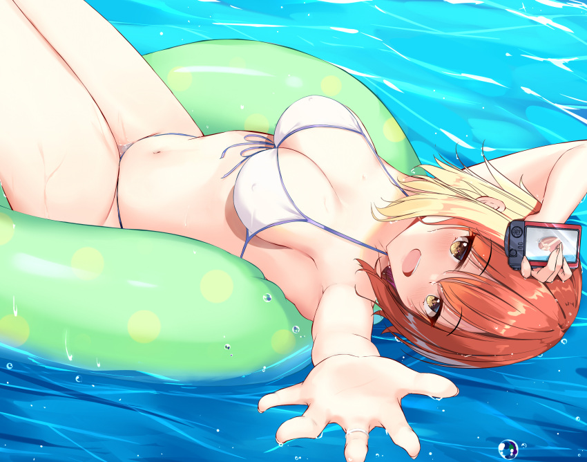 1girl :d armpits bikini breasts brown_eyes brown_hair camera cleavage dongyue_sakura foreshortening front-tie_bikini_top front-tie_top grand_blue hair_between_eyes highres holding holding_camera kotegawa_chisa large_breasts looking_at_viewer navel ocean on_innertube open_mouth outdoors outstretched_arm reaching reaching_towards_viewer short_hair smile solo swimsuit thighs wakamezake wet white_bikini