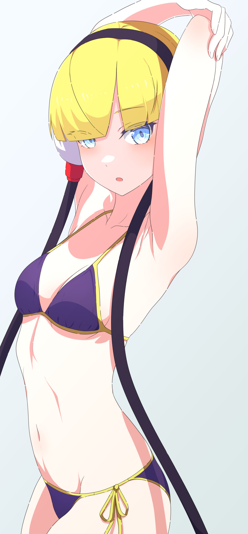 1girl absurdres arms_up bikini black_hairband blonde_hair blue_eyes blunt_bangs blush breasts camui1104 collarbone elesa_(pokemon) eyes_visible_through_hair furrowed_brow hairband headphones highres medium_breasts no_choker pokemon pokemon_bw purple_bikini short_hair swimsuit