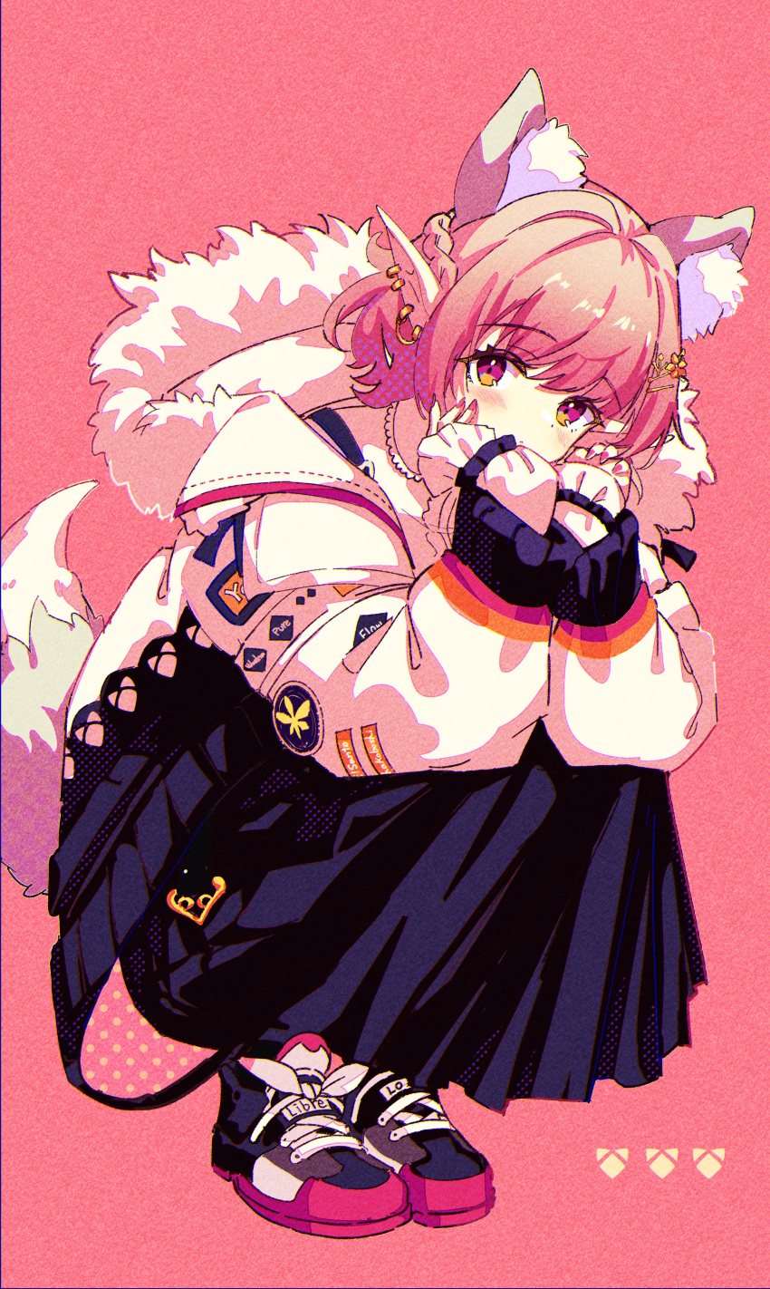 1girl absurdres animal_ears black_skirt ear_piercing elu_(11th_costume)_(nijisanji) elu_(nijisanji) frilled_sleeves frills fur-trimmed_jacket fur_trim hair_ornament hands_on_own_face highres jacket jewelry long_skirt long_sleeves looking_at_viewer medium_hair nijisanji nishinoda piercing pink_background pointy_ears polka_dot purple_eyes shoes skirt sleeves_past_wrists sneakers solo tail virtual_youtuber white_jacket