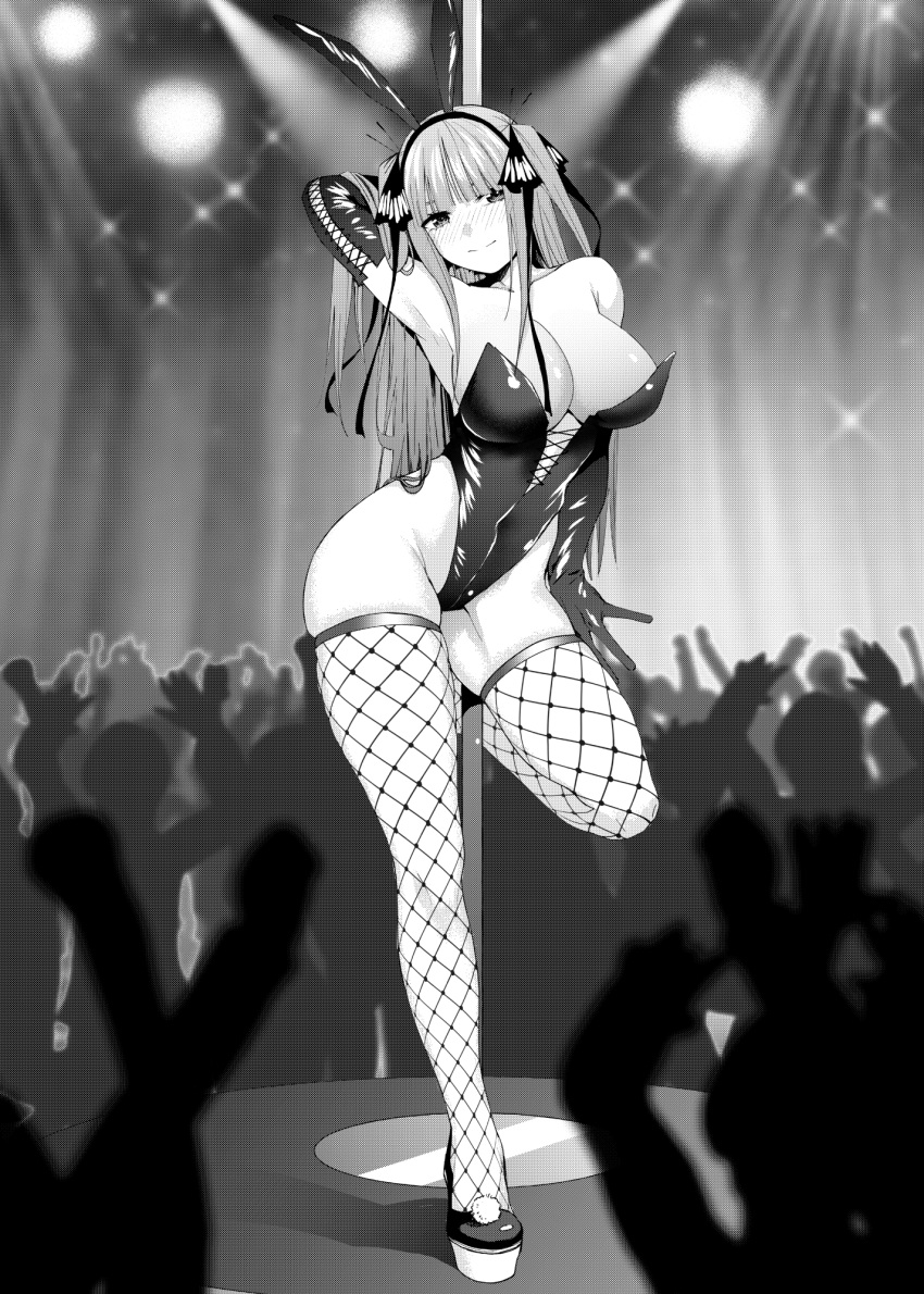 1girl animal_ears arm_up armpits audience black_gloves black_leotard black_ribbon blunt_bangs blush breasts butterfly_hair_ornament cleavage closed_mouth commentary_request curvy dancing elbow_gloves fake_animal_ears fishnet_thighhighs fishnets full_body gloves go-toubun_no_hanayome groin hair_between_eyes hair_ornament hair_ribbon hand_in_own_hair high_heels highleg highleg_leotard highres indoors kosmos_beta large_breasts leotard long_hair looking_at_viewer monochrome nakano_nino nightclub nose_blush playboy_bunny pole pole_dancing rabbit_ears ribbon skindentation smile solo_focus split_mouth stage stage_lights standing standing_on_one_leg strapless strapless_leotard stripper_pole thighhighs thighs two_side_up very_long_hair