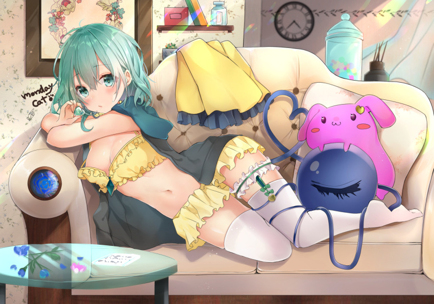 bad_anatomy blush breasts camisole cleavage clock closed_eyes commentary_request couch full_body green_eyes green_hair hair_between_eyes heart heart-shaped_pupils heart_of_string hood hooded_jacket indoors jacket jacket_on_shoulders komeiji_koishi leg_garter looking_at_viewer lying medium_breasts medium_hair natsuki_(ukiwakudasai) navel on_couch on_side picture_(object) shirt_removed solo stuffed_animal stuffed_bunny stuffed_toy symbol-shaped_pupils thighhighs third_eye touhou white_legwear yellow_camisole