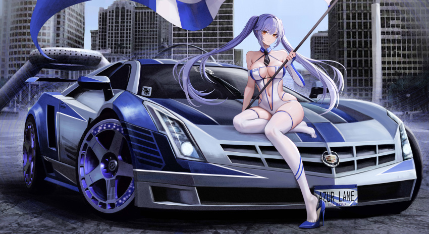 absurdres azur_lane banner blue_footwear blue_hair breasts building car eagle_union_(emblem) elbow_gloves essex_(azur_lane) flag gloves high_heels highleg highleg_panties highres holding holding_flag kcar66t large_breasts legs leotard motor_vehicle multicolored_leotard navel necktie panties race_queen race_vehicle racecar red_eyes single_elbow_glove sitting_on_car skindentation thighhighs toes twintails underwear white_leotard white_thighhighs