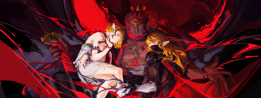 1girl 2boys absurdres armlet blonde_hair bracelet breasts cleavage corruption dagger dark-skinned_male dark_skin dress earrings forehead_jewel ganondorf hair_bun highres holding holding_dagger holding_knife holding_sword holding_weapon jewelry knife link long_hair looking_at_viewer mask mouth_mask multiple_boys ninja_mask phantom_ganon pointy_ears princess_zelda red_eyes red_hair red_theme short_hair sin_node smirk sphere_earrings strapless strapless_dress sword the_legend_of_zelda the_legend_of_zelda:_tears_of_the_kingdom triforce weapon white_dress