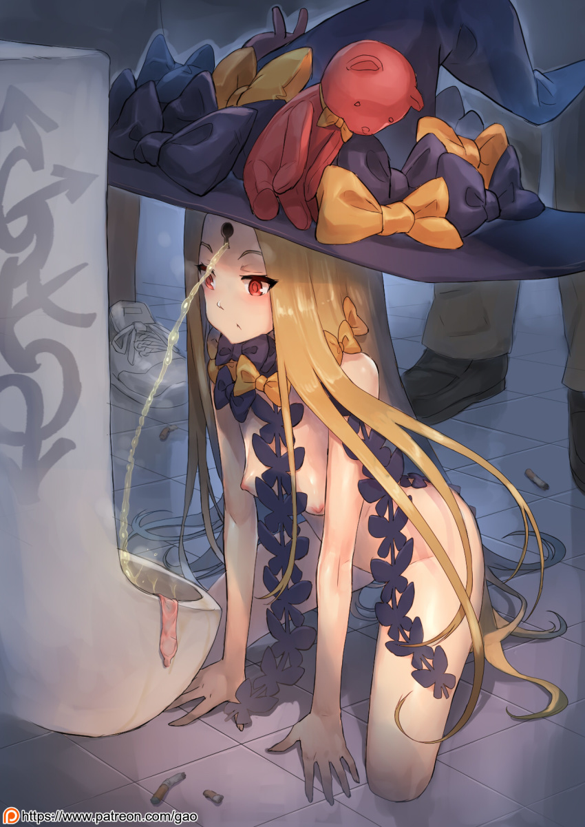:&lt; abigail_williams_(fate/grand_order) bangs big_hat black_bow black_footwear black_hat blonde_hair bow breasts breasts_apart brown_pants cigarette_butt closed_mouth condom fate/grand_order fate_(series) fingernails gao_(gaolukchup) hair_bow hands_on_floor hat hat_bow highres indoors keyhole kneeling long_fingernails long_hair nipples orange_bow pants parted_bangs patreon_username peeing red_eyes revealing_clothes shiny shiny_skin shoelaces shoes sidelocks small_breasts sneakers solo_focus stuffed_animal stuffed_toy teddy_bear tile_floor tiles toilet toilet_use urinal used_condom very_long_hair watermark web_address what witch_hat