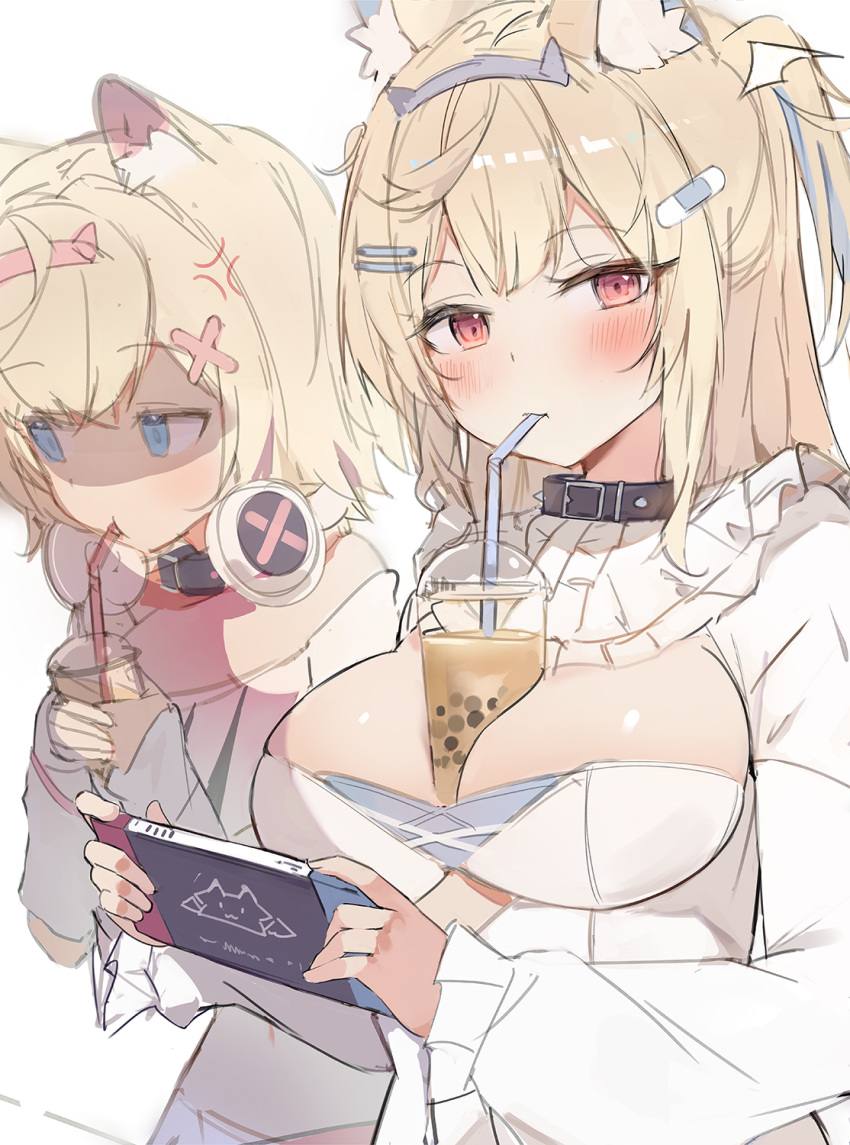 2girls animal_ear_fluff animal_ears bandaid bandaid_hair_ornament belt_collar between_breasts black_collar blonde_hair blue_eyes blue_hair breast_envy breasts bubble_tea bubble_tea_challenge cleavage cleavage_cutout clothing_cutout collar cropped_shirt cup dog_ears dog_girl dress drinking_straw drinking_straw_in_mouth fuwawa_abyssgard fuwawa_abyssgard_(1st_costume) hair_ornament hairpin handheld_game_console headphones headphones_around_neck highres holding holding_handheld_game_console hololive hololive_english large_breasts long_hair looking_at_viewer medium_hair mococo_abyssgard mococo_abyssgard_(1st_costume) multicolored_hair multiple_girls nintendo_switch orobou pink_eyes pink_hair shaded_face shirt siblings sisters small_breasts spiked_collar spikes streaked_hair twins two_side_up virtual_youtuber white_dress white_shirt x_hair_ornament