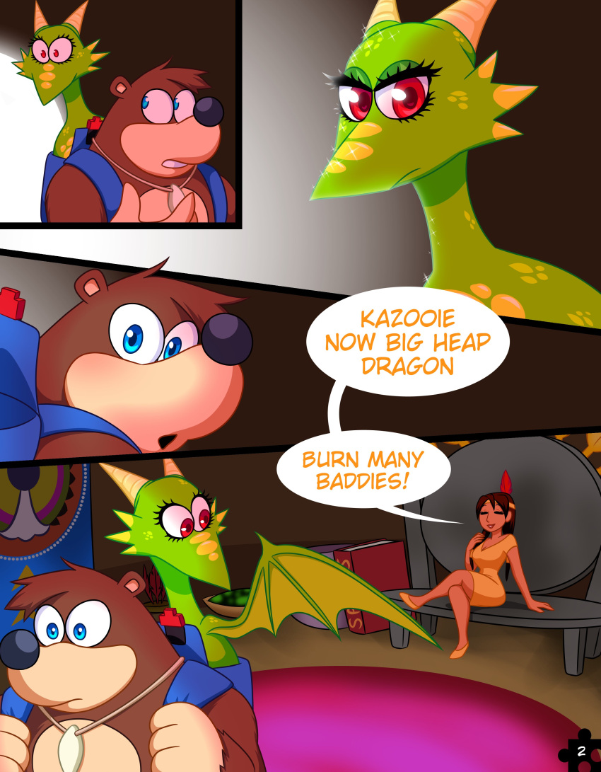 2024 absurd_res anthro backpack banjo-kazooie banjo_(banjo-kazooie) bear blue_eyes brown_bear brown_body brown_fur comic dialogue dragon dragon_kazooie english_text female fur green_body green_scales group hi_res human humba_wumba kazooie male mammal rareware red_eyes scales scalie skelly_doll speech_bubble text trio ursine