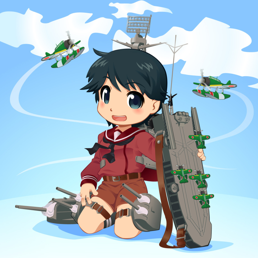 aircraft airplane aka-kabuto_no_gema antennae bangs black_eyes black_hair black_neckwear blue_sky brown_sailor_collar brown_serafuku brown_shorts cannon cloud commentary_request e16a_zuiun flight_deck full_body gradient_sky highres kantai_collection looking_at_viewer machinery mast mogami_(kantai_collection) neckerchief open_mouth sailor_collar school_uniform serafuku short_hair shorts sky smile solo swept_bangs turret