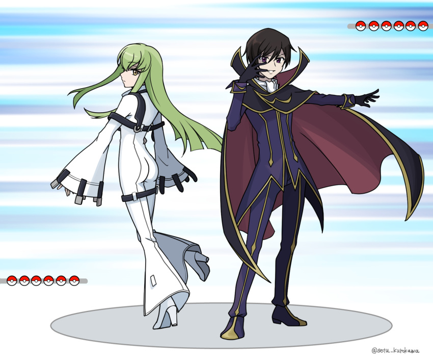 1boy 1girl black_hair bodysuit c.c. cape code_geass green_hair hand_over_face high_heels highres lelouch_vi_britannia long_hair poke_ball pokemon pokemon_battle purple_eyes setu_kurokawa short_hair smile yellow_eyes