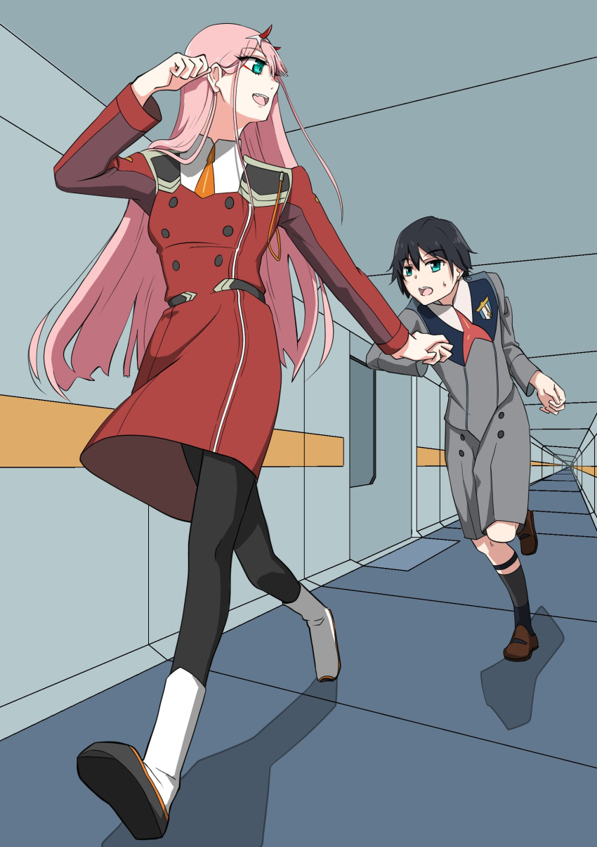 1girl absurdres bangs black_hair black_legwear blue_eyes boots brown_footwear commentary couple darling_in_the_franxx eyebrows_visible_through_hair green_eyes hair_ornament hairband hamita1220 hetero highres hiro_(darling_in_the_franxx) holding_hands horns long_hair long_sleeves looking_at_another looking_back military military_uniform necktie oni_horns open_mouth orange_neckwear pantyhose pink_hair red_horns red_neckwear shoes socks sweatdrop uniform white_footwear white_hairband zero_two_(darling_in_the_franxx)
