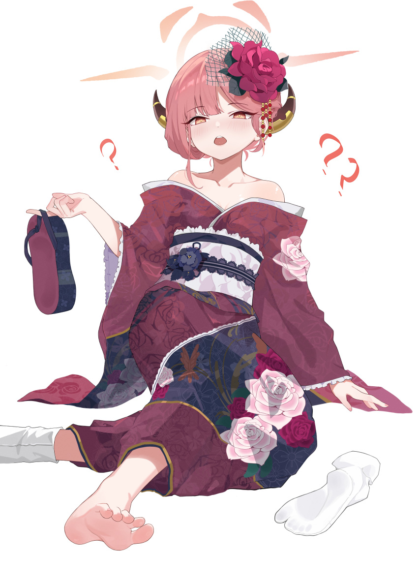 1girl ? absurdres aru_(blue_archive) aru_(new_year)_(blue_archive) blue_archive blush brown_horns collarbone demon_horns halo highres horns japanese_clothes kimono long_hair long_sleeves obi official_alternate_costume open_mouth pink_hair pink_halo red_kimono sash shoes simple_background socks soles solo toes unworn_shoes white_background white_socks wide_sleeves yellow_eyes zhuozhuozhuo
