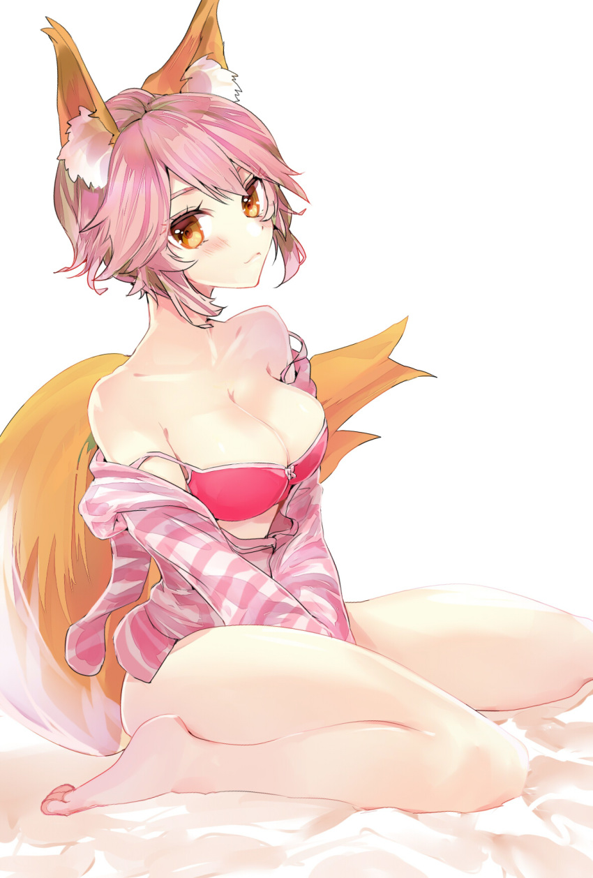 alternate_hair_length alternate_hairstyle animal_ear_fluff animal_ears blush bra breasts cleavage collarbone fate/grand_order fate_(series) highres large_breasts looking_to_the_side off_shoulder pink_bra pink_hair short_hair simple_background sitting solo tail tamamo_(fate)_(all) tamamo_no_mae_(fate) tomozero underwear white_background yellow_eyes