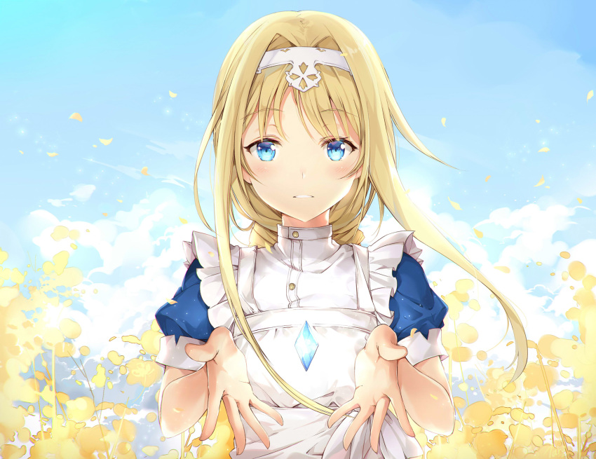 alice_schuberg apron bangs blonde_hair blue_dress blue_eyes blue_sky blush cloud crystal day dress eyebrows_visible_through_hair floating_hair flower gem glowing hair_intakes hairband highres long_hair looking_at_viewer outdoors outstretched_hand parted_lips petals puffy_short_sleeves puffy_sleeves short_sleeves sky smile solo sword_art_online taro_(ultrataro) upper_body white_apron white_hairband wind yellow_flower