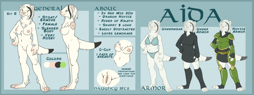 2018 4_fingers 4_toes aida_(jagon) anthro armor belt biped black_fur black_hair black_legwear black_topwear blue_background blue_underwear bra breasts claws close-up clothed clothing color_swatch digital_media_(artwork) dipstick_tail english_text ermine female fur green_eyes hair hand_on_hip jagon legwear looking_aside mammal missing_limbs model_sheet multicolored_tail multiple_versions mustelid nipples nude panties pink_nipples pink_nose pink_pussy pussy sharp_claws short_hair simple_background socks solo standing text toe_claws toeless_socks toes underwear white_claws white_fur white_hair