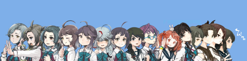 6+girls absurdres ahoge animal animal_on_head ayanami_(kancolle) blue_background blush bow bowtie closed_mouth commentary fang forehead fujinami_(kancolle) fujinozu glasses green_hair grey_hair hair_bobbles hair_ornament hamanami_(kancolle) hayanami_(kancolle) highres isonami_(kancolle) kantai_collection kishinami_(kancolle) long_hair looking_at_viewer makinami_(kancolle) medium_hair multiple_girls naganami_(kancolle) name_connection okinami_(kancolle) on_head open_mouth pun rabbit ribbon sailor_collar salute sazanami_(kancolle) school_uniform serafuku shikinami_(kancolle) shirt short_hair smile suzunami_(kancolle) sweat symbol-only_commentary takanami_(kancolle) tamanami_(kancolle) trait_connection upper_body uranami_(kancolle) white_shirt wide_image