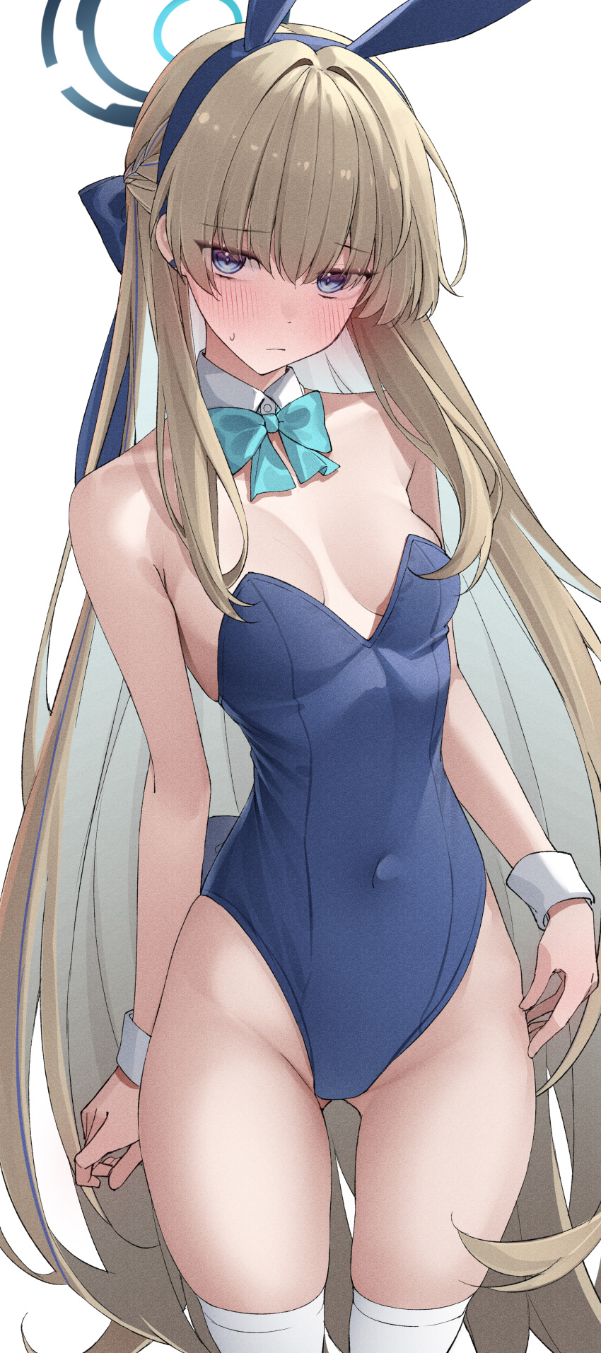 1girl absurdres animal_ears ass_visible_through_thighs bare_shoulders blonde_hair blue_archive blue_bow blue_eyes blue_hairband blue_leotard blush bow bowtie braid breasts closed_mouth cowboy_shot detached_collar fake_animal_ears hairband halo highleg highleg_leotard highres kawai_ritsu_(rits_meg) leotard long_hair looking_at_viewer official_alternate_costume official_alternate_hairstyle playboy_bunny rabbit_ears solo thighhighs thighs toki_(blue_archive) toki_(bunny)_(blue_archive) very_long_hair white_thighhighs wrist_cuffs