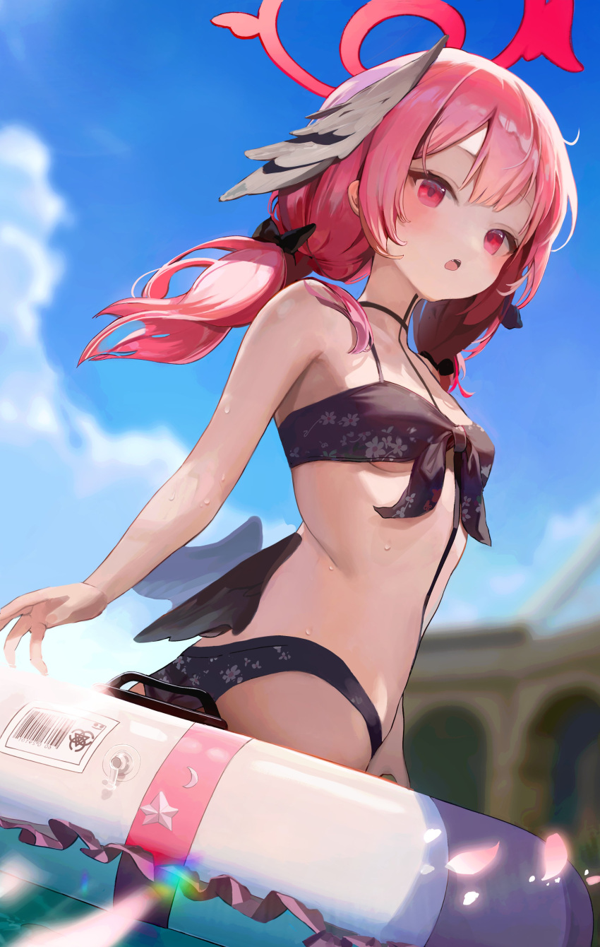 1girl absurdres bare_arms bare_legs bare_shoulders bikini black_bikini black_wings blue_archive blush breasts cowboy_shot day ellaje halo head_wings highres innertube koharu_(blue_archive) koharu_(swimsuit)_(blue_archive) long_hair low_twintails official_alternate_costume open_mouth outdoors pink_eyes pink_hair pink_halo small_breasts solo swim_ring swimsuit twintails wings