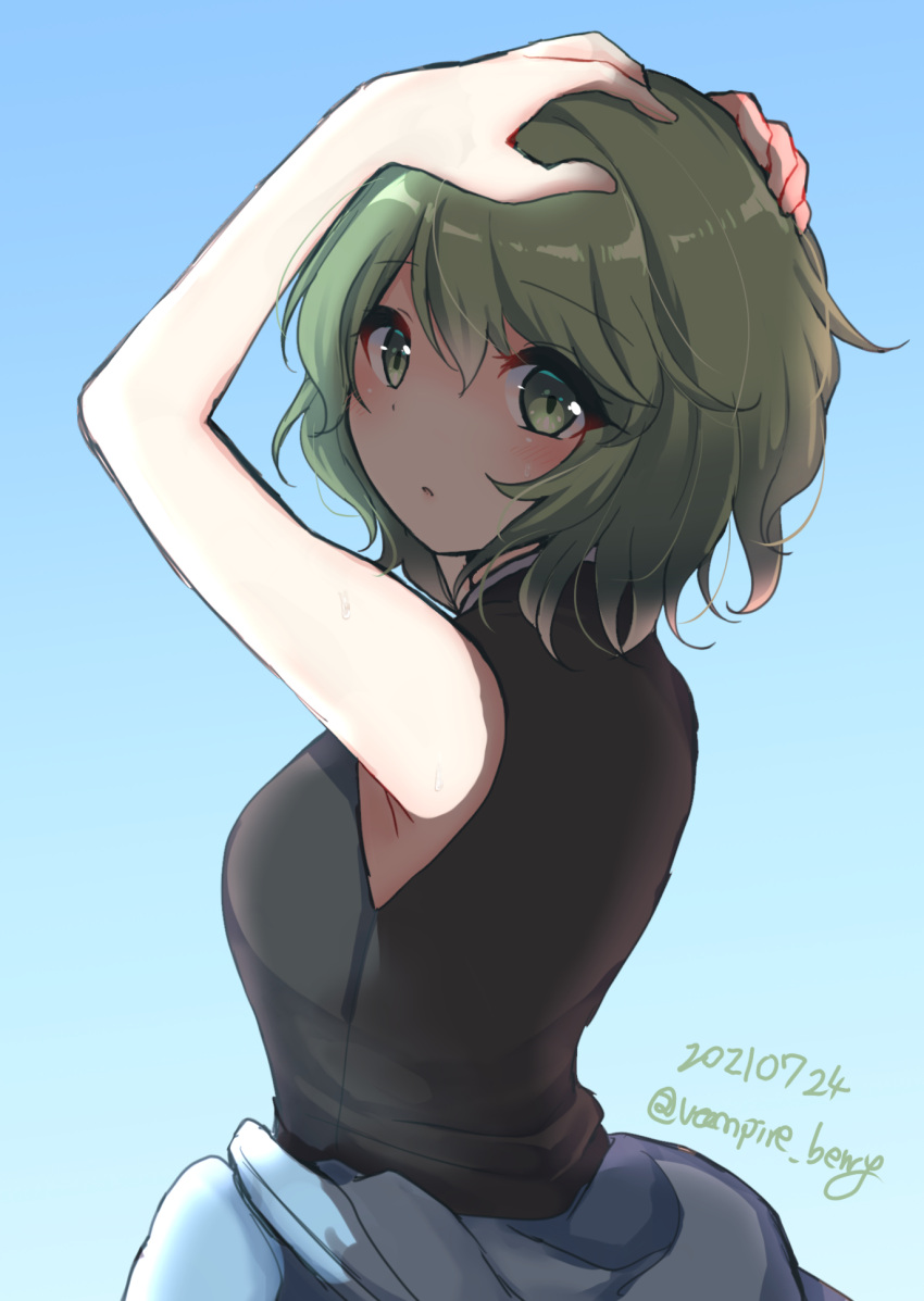 1girl black_shirt blue_background blue_jacket breasts clothes_around_waist commentary_request dated genderswap genderswap_(otf) gradient_background green_eyes green_hair hands_on_own_head highres jacket jacket_around_waist len'en medium_breasts medium_hair ougi_hina parted_lips shirt shitodo_aoji simple_background sleeveless sleeveless_shirt solo twitter_username
