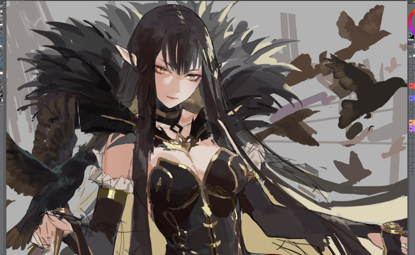 bird bird_on_hand black_dress black_hair breasts bridal_gauntlets cleavage closed_mouth commentary_request crow detached_sleeves dress fate/apocrypha fate_(series) fur_trim highres large_breasts long_dress long_hair luin_y photoshop_(medium) pointy_ears red_lips semiramis_(fate) slit_pupils spikes very_long_hair work_in_progress yellow_eyes