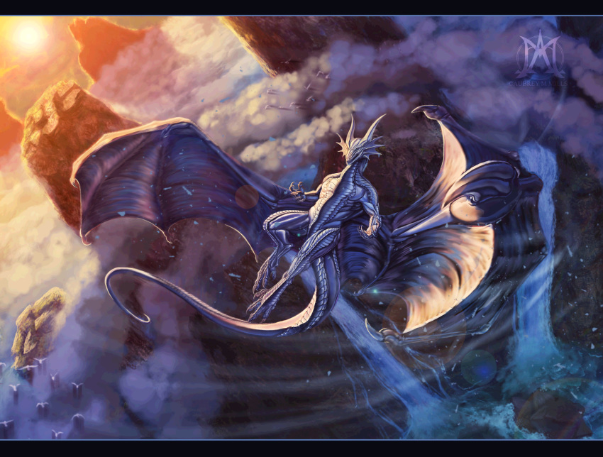 2018 anthro black_bars detailed_background digital_media_(artwork) dragon flying horn male membranous_wings noctem-tenebris nude scales scalie solo western_dragon wings