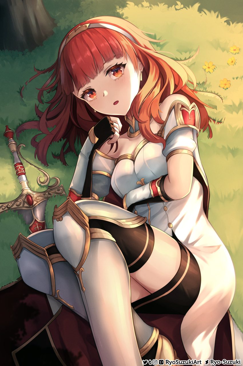 1girl absurdres armor armored_boots bare_shoulders black_gloves boots celica_(fire_emblem) deviantart_logo deviantart_username dress earrings fingerless_gloves fire_emblem fire_emblem_echoes:_shadows_of_valentia flower gloves hairband highres instagram_logo jewelry long_hair looking_at_viewer lying on_side pixiv_logo red_eyes red_hair ryo-suzuki solo sword thighhighs tiara tumblr_logo twitter_logo twitter_username weapon white_dress zettai_ryouiki