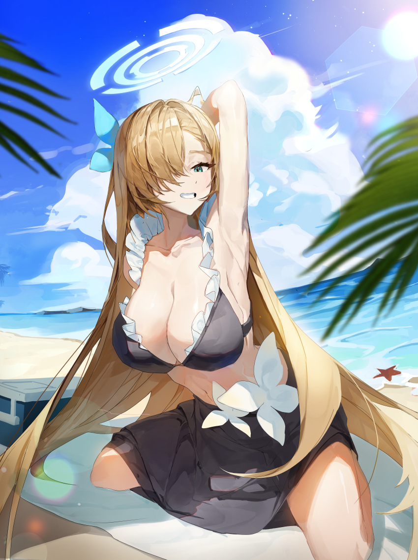 1girl absurdres alternate_costume aqua_eyes arm_behind_head arm_up armpits asuna_(blue_archive) beach bikini black_bikini black_sarong blonde_hair blue_archive blue_bow blue_sky blurry blurry_foreground bokeh bow breasts cleavage cloud cloudy_sky commentary cooler day depth_of_field eyelashes flower flower_bikini frilled_bikini_top grin hair_bow hair_intakes hair_over_one_eye halo highres kneeling large_breasts leaning_forward legs_folded lens_flare light_blush long_bangs long_hair looking_at_viewer navel ocean outdoors palm_leaf penguinbutler picnic_blanket presenting_armpit sarong shadow sideboob sky smile solo starfish sun swept_bangs swimsuit thighs white_flower