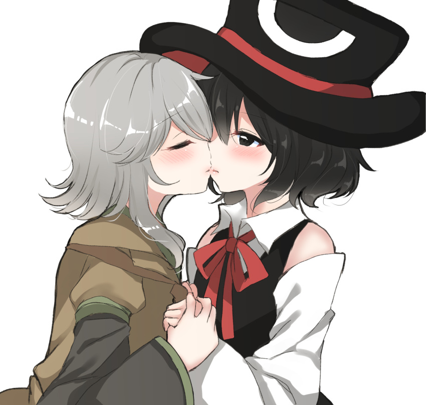 2others androgynous black_eyes black_hair black_headwear black_shirt black_vest brown_jacket closed_eyes collared_shirt commentary_request detached_sleeves enraku_tsubakura green_trim grey_hair hat highres holding_hands houlen_yabusame jacket kiss layered_sleeves len'en long_sleeves multiple_others neck_ribbon other_focus ougi_hina puffy_short_sleeves puffy_sleeves red_ribbon ribbon shirt short_hair short_hair_with_long_locks short_over_long_sleeves short_sleeves simple_background sleeveless sleeveless_shirt two-sided_fabric two-sided_headwear vest white_background white_shirt white_sleeves