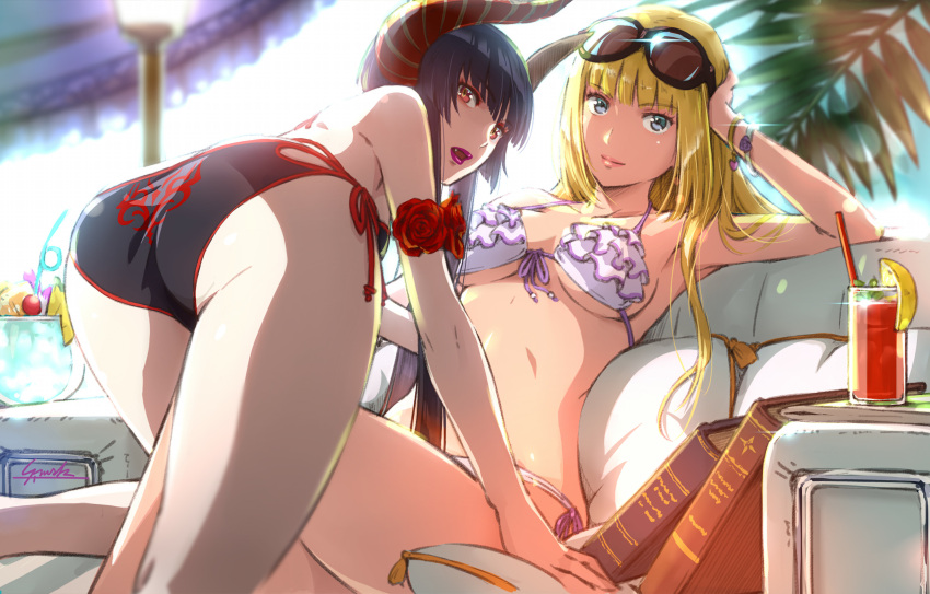 2girls absurdres artist_request ass bikini black_bikini black_hair blonde_hair blue_eyes blunt_bangs demon_horns eliza_(tekken) eyewear_on_head fang from_behind game_cg gradient_hair highres horns lili_(tekken) long_hair looking_at_viewer multicolored_hair multiple_girls non-web_source official_art outdoors red_eyes red_hair short_hair_with_long_locks sidelocks sunglasses swimsuit tekken white_bikini