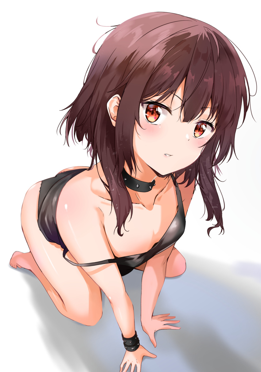 absurdres all_fours barefoot black_bra black_panties blush bra breasts brown_hair camisole cleavage collar collarbone foreshortening from_above highres kono_subarashii_sekai_ni_shukufuku_wo! looking_at_viewer megumin messy_hair panties red_eyes short_hair simple_background small_breasts solo spiked_collar spikes studded_bracelet sunhyun underwear white_background