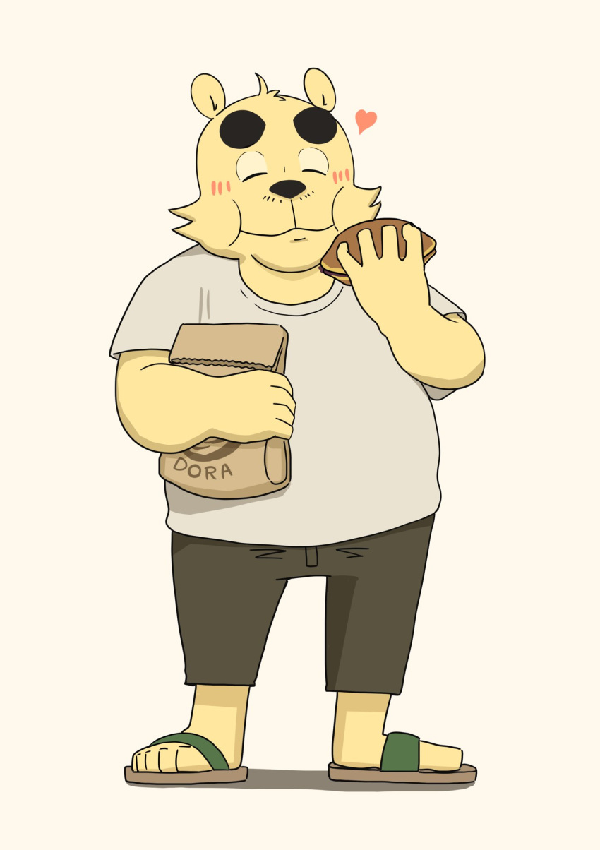 2024 anthro bear black_nose blush bottomwear brown_body clothing eating eyes_closed food footwear hi_res kemono male mammal panda_po sandals shirt shorts simple_background slightly_chubby solo topwear