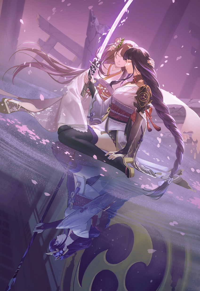 2girls black_gloves black_thighhighs braid braided_ponytail bridal_gauntlets broken_pillar brown_hair closed_eyes different_reflection dutch_angle elbow_gloves engulfing_lightning_(genshin_impact) facing_viewer falling_petals genshin_impact gloves hair_ornament hair_spread_out hand_on_another's_head hand_on_own_ankle high_heels highres holding holding_polearm holding_sword holding_weapon japanese_clothes kimono long_hair makoto_(genshin_impact) mitsudomoe_(shape) mizuku_hei mole mole_under_eye multiple_girls musou_isshin_(genshin_impact) obi obijime petals polearm profile purple_hair raiden_shogun red_tassel reflection reflective_water sash siblings sisters sitting sitting_on_water spoilers sword thighhighs tomoe_(symbol) torii twins very_long_hair wariza weapon