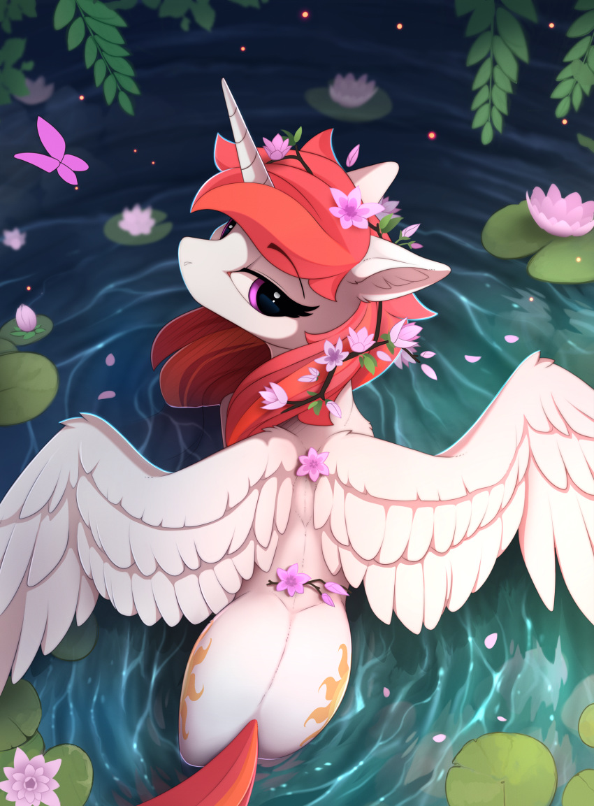 2018 arthropod butt butterfly cutie_mark digital_media_(artwork) equine eyelashes feathered_wings feathers female feral flower flower_in_hair friendship_is_magic hair hi_res horn insect lily_pad looking_at_viewer looking_back mammal my_little_pony partially_submerged plant princess_celestia_(mlp) purple_eyes red_hair solo spread_wings water white_feathers winged_unicorn wings yakovlev-vad
