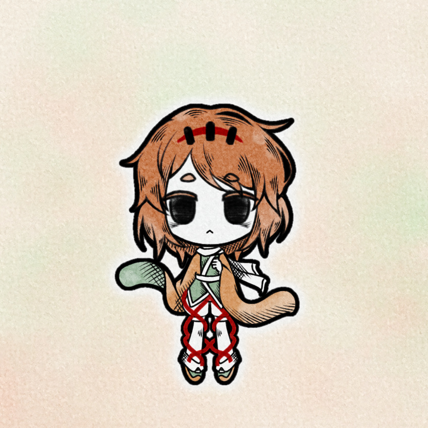 1other :&lt; androgynous black_eyes blue_scarf closed_mouth commentary_request gin_no_ha green_footwear green_kimono hairband hand_on_own_chest highres japanese_clothes kimono leg_ribbon len'en long_sleeves medium_hair no_nose orange_hair orange_sleeves other_focus red_hairband red_ribbon ribbon scarf shorts socks solo two-sided_fabric two-sided_sleeves white_shorts white_socks wide_sleeves zuifeng_tenkai
