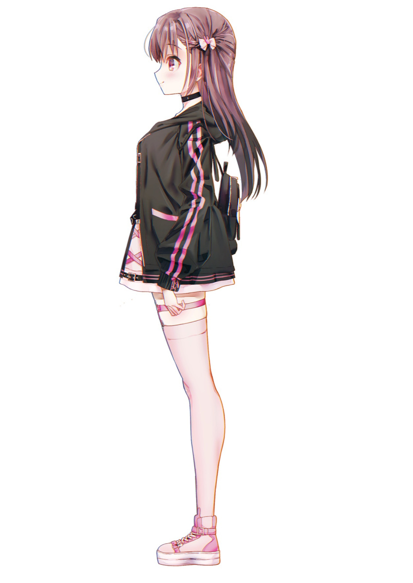 1girl arm_at_side black_choker black_jacket blush bow brown_hair choker closed_mouth commentary from_side full_body hair_between_eyes hair_bow hair_ornament high-waist_skirt highres hood hood_down hooded_jacket jacket jirai_kei long_hair looking_afar natsuoto_rito open_clothes open_jacket original pink_footwear pink_skirt pink_thighhighs profile red_eyes shoes simple_background skirt sleeves_past_wrists smile sneakers standing straight_hair tachi-e thigh_strap thighhighs two_side_up white_background white_bow x_hair_ornament zettai_ryouiki zipper