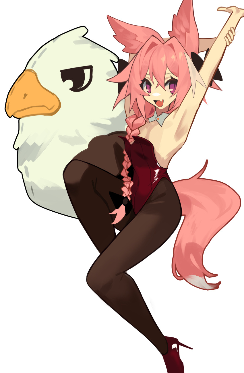 1boy absurdres animal_ears armpits astolfo_(fate) bird black_thighhighs braid fang fate_(series) fox_boy fox_ears fox_tail ghost_(tama) high_heels highres long_hair male_focus open_mouth otoko_no_ko pink_hair playboy_bunny purple_eyes simple_background single_braid skin_fang solo stretching tail thighhighs white_background