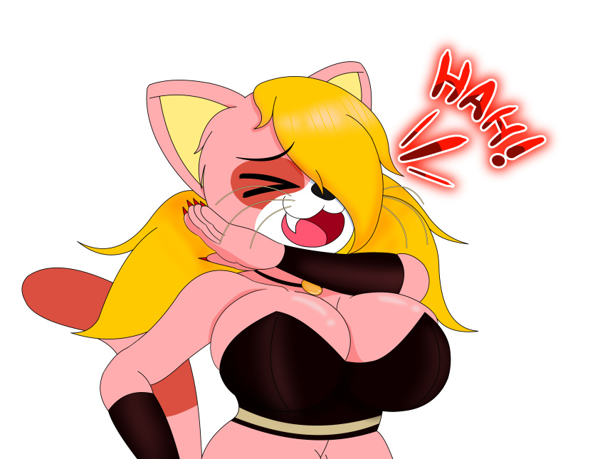 absurd_res anthro big_breasts bomberman breasts cleavage clothed clothing domestic_cat felid feline felis female fur hi_res jewelry konami laugh mammal natia necklace pink_body pink_fur smug solo thespeedyraisin