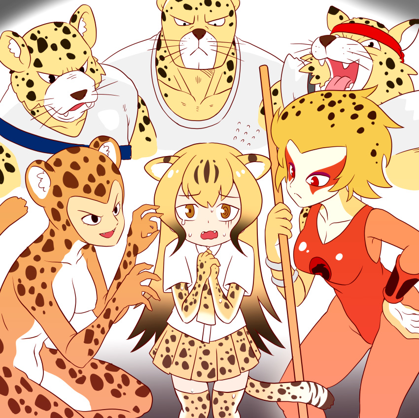 3girls absurdres apollo_(cheetahmen) aries_(cheetahmen) bangs bare_arms bare_shoulders black_eyes breasts brown_hair cheetah_(dc) cheetah_(kemono_friends) cheetah_boy cheetah_ears cheetah_girl cheetah_print cheetah_tail cheetahmen cheetara claw_pose claws cleavage closed_mouth collarbone collared_shirt commentary covered_nipples crossover dc_comics dress_shirt elbow_gloves english_commentary fangs flying_sweatdrops frown furrowed_eyebrows furry gloves gradient_hair hand_on_hip headband hercules_(cheetahmen) highres kemono_friends large_breasts leotard long_hair looking_at_viewer miniskirt multicolored_hair multiple_boys multiple_crossover multiple_girls muscle necktie open_mouth orange_hair orange_leotard own_hands_together pleated_skirt polearm print_gloves print_legwear print_neckwear print_skirt red_eyes roger_i.s. scared shirt short_hair short_sleeves skirt spotted_hair streaked_hair surrounded sweat thighhighs thundercats trait_connection two-tone_hair very_long_hair wavy_mouth weapon whiskers white_shirt wing_collar zettai_ryouiki