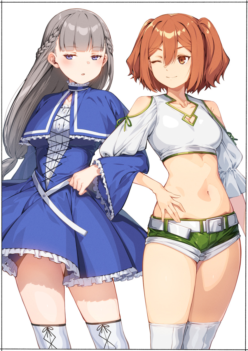 2girls bare_shoulders belt blue_dress blue_eyes braid breasts cleavage cleavage_cutout closed_mouth clothing_cutout collarbone cowboy_shot crop_top dress frilled_dress frills green_shorts grey_hair highres kanne_(sousou_no_frieren) kei_(soundcross) lawine_(sousou_no_frieren) locked_arms long_hair long_sleeves looking_at_viewer medium_hair micro_shorts midriff multiple_girls navel one_eye_closed orange_eyes orange_hair shirt short_shorts shorts shoulder_cutout simple_background small_breasts smile sousou_no_frieren standing stomach thighhighs thighs two_side_up white_background white_shirt white_thighhighs zettai_ryouiki