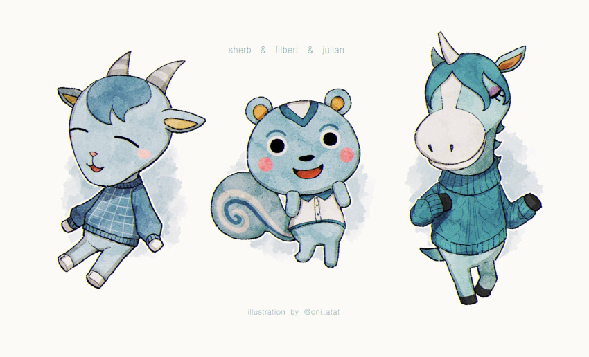 3boys :d ^_^ animal_crossing aran_sweater artist_name black_eyes blue_hair blue_sweater blush blush_stickers buttons cable_knit character_name closed_eyes closed_mouth collared_shirt commentary eyelashes filbert_(animal_crossing) furry furry_male goat_boy grey_horns hands_up highres horns horse_boy julian_(animal_crossing) kaji_(oni_atat) long_sleeves looking_at_viewer multiple_boys open_mouth sherb_(animal_crossing) shirt simple_background single_horn smile squirrel_boy sweater symbol-only_commentary twitter_username white_background white_shirt