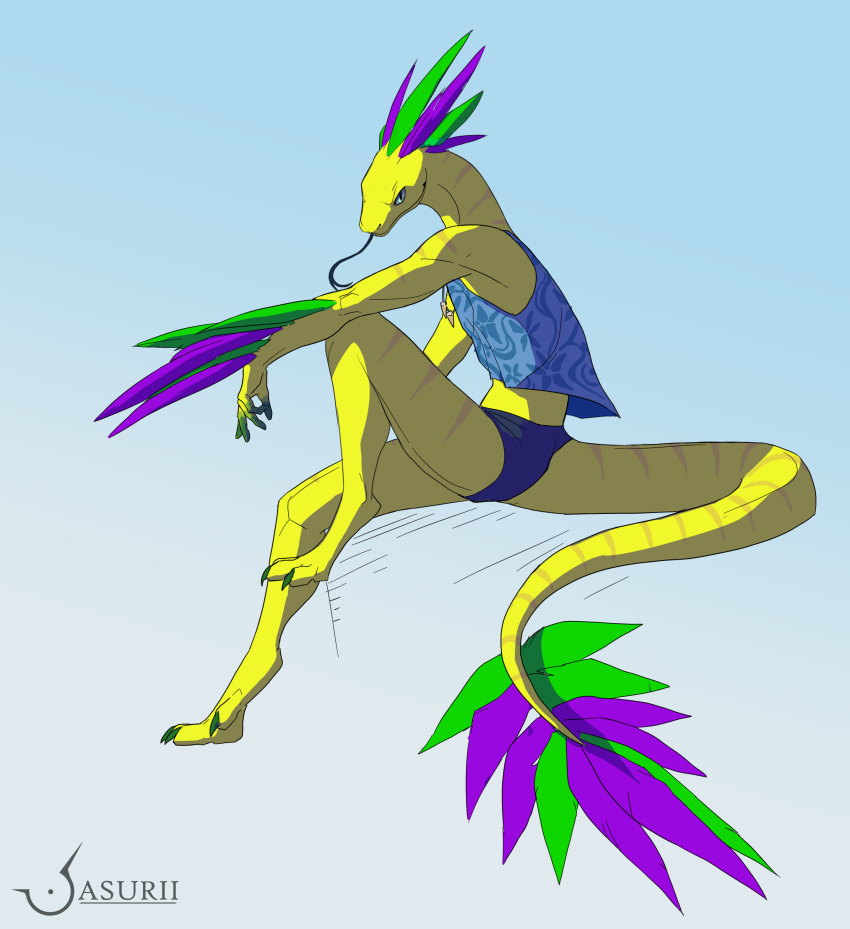 absurd_res anthro asurii clothing couatl feathered_snake feathers feet forked_tongue hi_res itzal_eguzkia jewelry looking_at_viewer lounging male necklace reptile scales scalie shark_tooth_necklace shirt sitting snake solo speedo swimming_trunks swimwear tail talons tank_top toes tongue topwear vest yellow_body yellow_scales