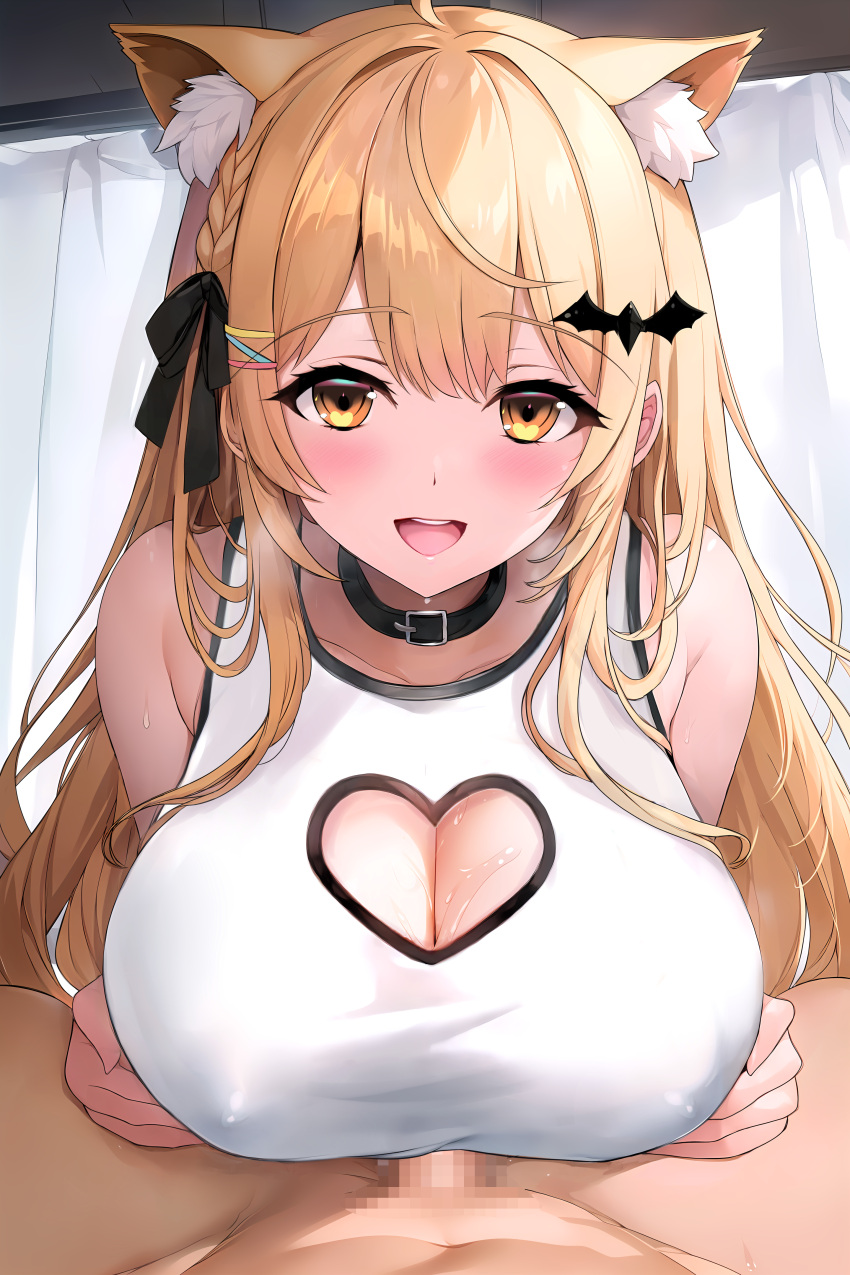 1boy 1girl absurdres ahoge animal_ear_fluff animal_ears bat_hair_ornament belt_collar black_collar blonde_hair blush breasts cat_ears cleavage cleavage_cutout clothing_cutout collar covered_nipples hair_ornament heart_cutout highres hololive large_breasts looking_at_viewer official_alternate_costume open_mouth paizuri paizuri_under_clothes shirt sleeveless sleeveless_shirt smile sugiki teeth upper_teeth_only virtual_youtuber white_shirt yellow_eyes yozora_mel yozora_mel_(5th_costume)