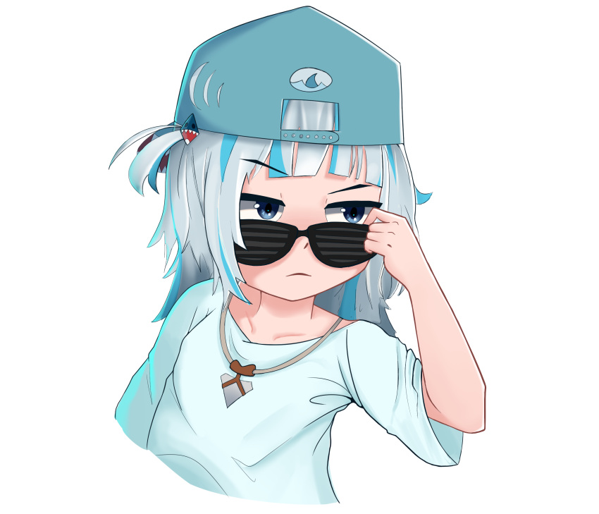 absurdres angry baseball_cap blue_eyes blue_hair disappointed gawr_gura grey_hair hat highres hololive hololive_english jewelry looking_to_the_side necklace sunglasses