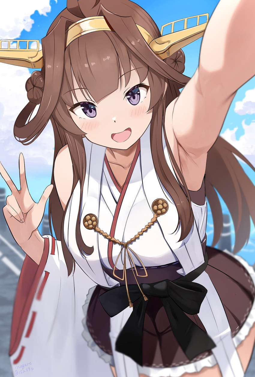 1girl ahoge arm_up armpits bare_shoulders blush breasts brown_hair day detached_sleeves double_bun hair_bun hair_ornament hairband headgear highres japanese_clothes kantai_collection kongou_(kancolle) kongou_kai_ni_(kancolle) large_breasts long_hair looking_at_viewer nagare_(flow) nontraditional_miko open_mouth outdoors skirt smile solo thighhighs v